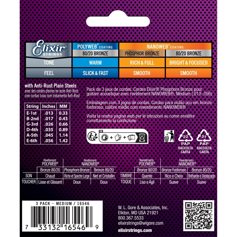 ElixirÂ® Strings 16546 Acoustic Phosphor Bronze Guitar Strings with NANOWEBÂ® Coating, 3 Pack, Medium (.013-.056) - Image 2